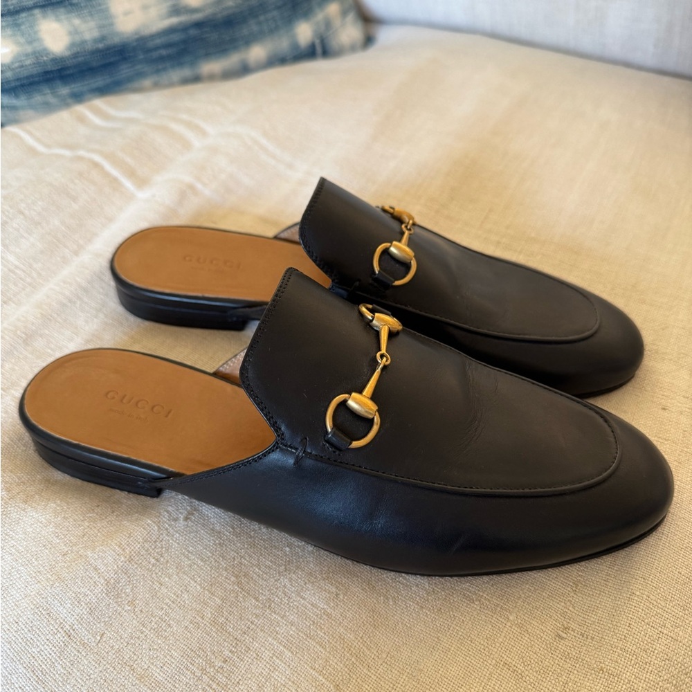Gucci Black Leather Mules with Gold Hardware